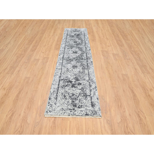 Transitional Wool & Silk Hand Knotted Rug Grey Gray 2.7X12.0 -O064834