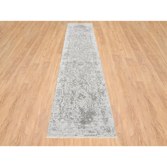 Transitional Wool & Silk Hand Knotted Rug Grey No Border 2.6X12.1 -O064845