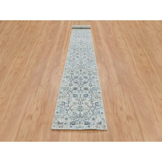 Transitional Wool & Silk Hand Knotted Rug Ivory No Border 2.6X18.2 -O064890