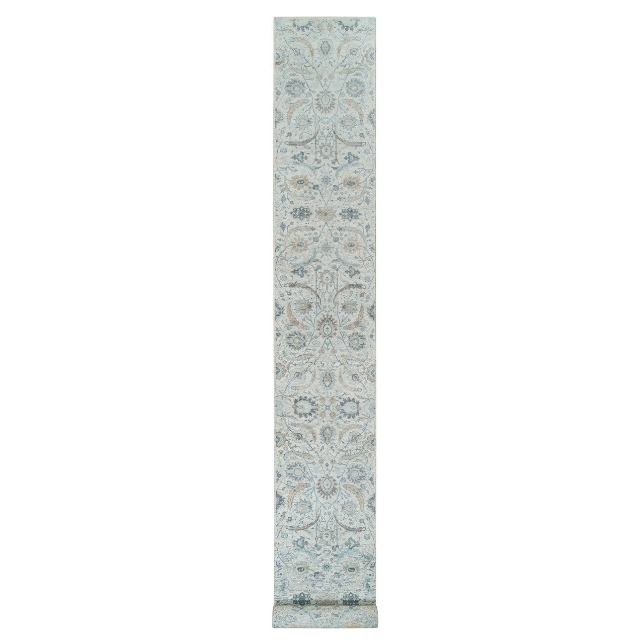 Ivory 2'6" x 20'0" Transitional Hand knotted Wool/Silk Rug - Sku: O064891