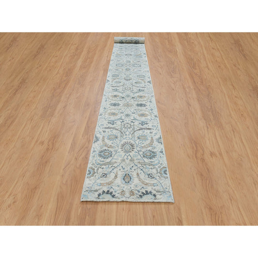 Transitional Wool & Silk Hand Knotted Rug Ivory No Border 2.6X20.0 -O064891