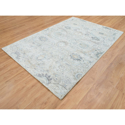 Transitional Wool & Silk Hand Knotted Rug Ivory No Border 6.1X9.0 -O064898