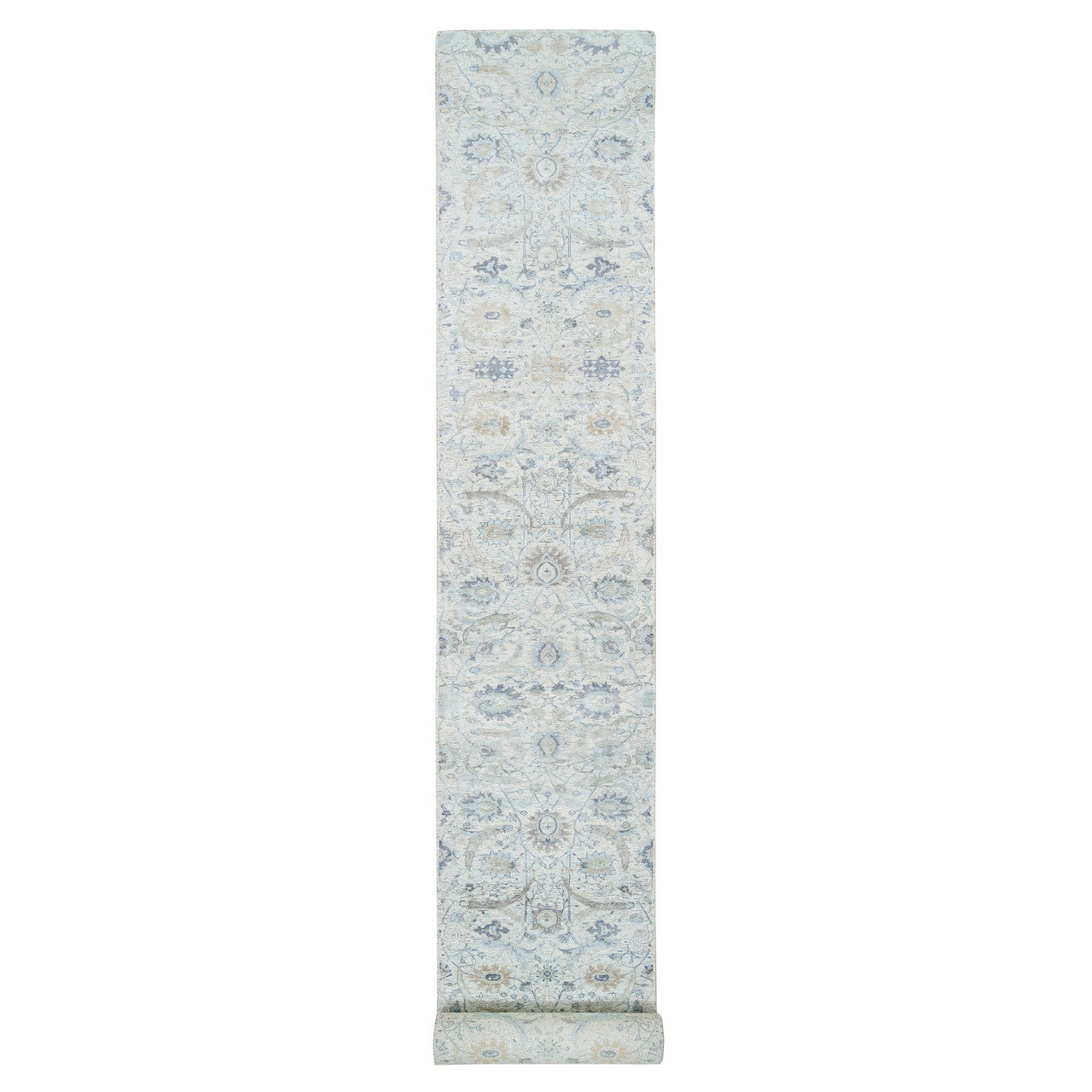 Ivory 2'6" x 23'10" Transitional Hand knotted Wool/Silk Rug - Sku: O064903