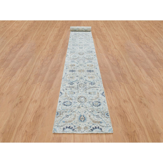 Transitional Wool & Silk Hand Knotted Rug Ivory No Border 2.6X23.10 -O064903
