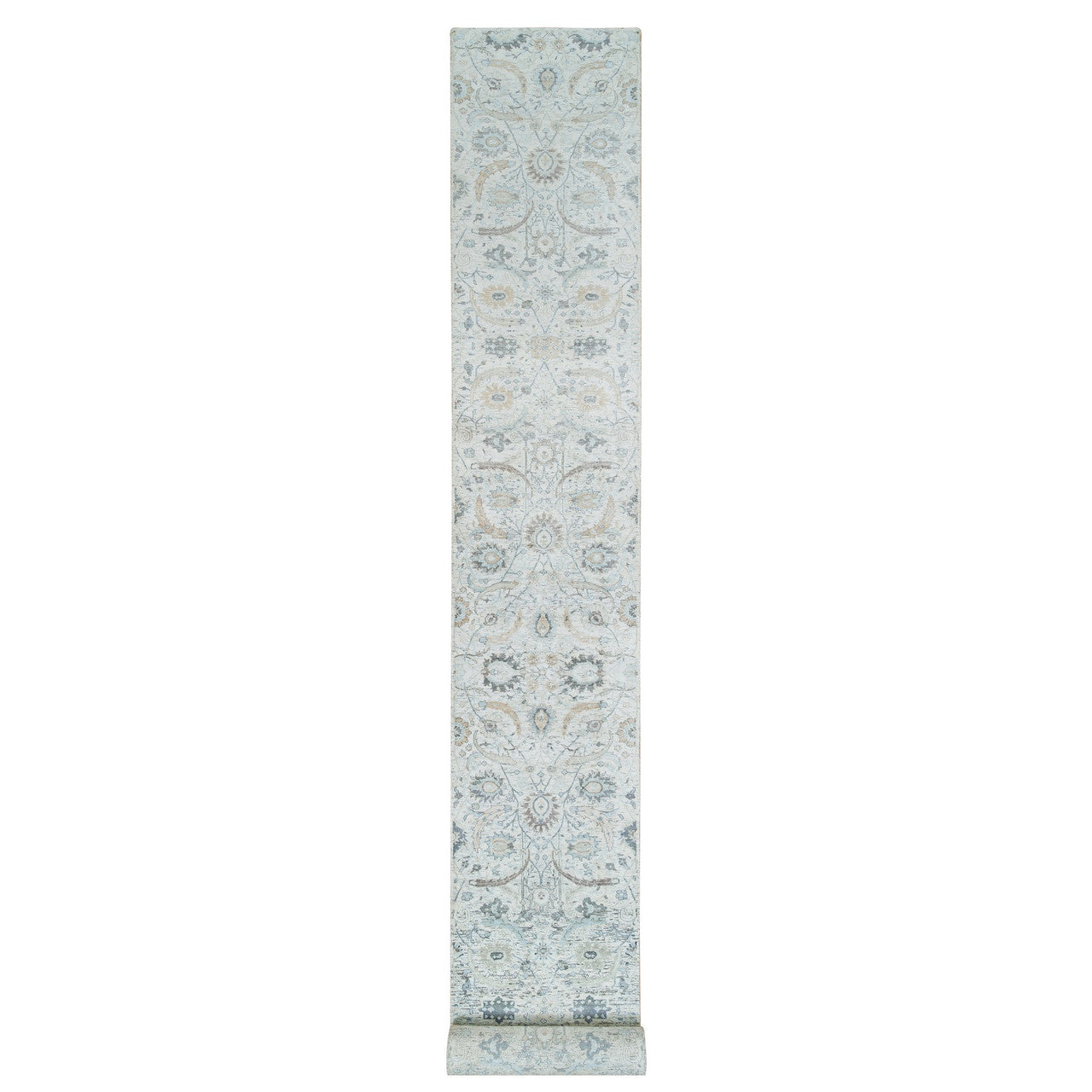 Ivory 2'7" x 22'0" Transitional Hand knotted Wool/Silk Rug - Sku: O064904