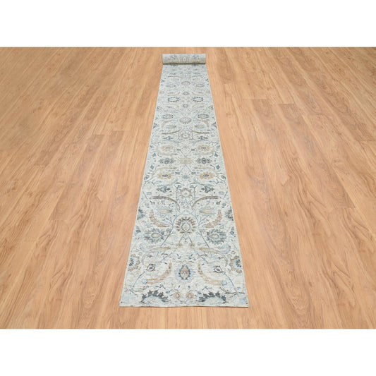 Transitional Wool & Silk Hand Knotted Rug Ivory No Border 2.7X22.0 -O064904