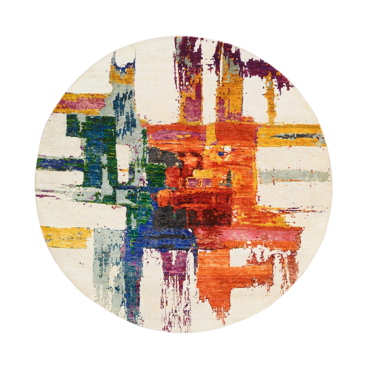 Ivory 5'0" x 5'0" Modern and Contemporary & Sari Multicolored Hand knotted Wool/Silk Rug - Sku: O064906
