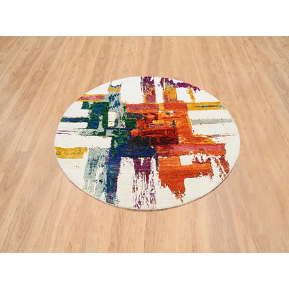 Modern and Contemporary Wool & Sari Silk Hand Knotted Rug Multicolored No Border 5.0X5.0 -O064906