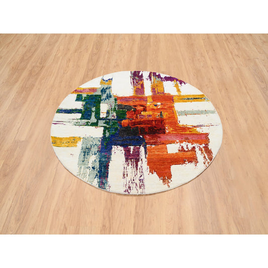 Modern and Contemporary Wool & Sari Silk Hand Knotted Rug Multicolored No Border 5.0X5.0 -O064906