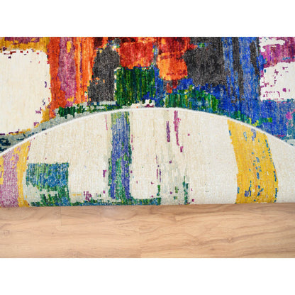 Modern and Contemporary Wool & Sari Silk Hand Knotted Rug Multicolored No Border 5.0X5.0 -O064906