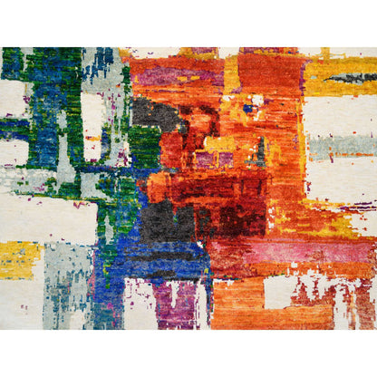 Modern and Contemporary Wool & Sari Silk Hand Knotted Rug Multicolored No Border 5.0X5.0 -O064906