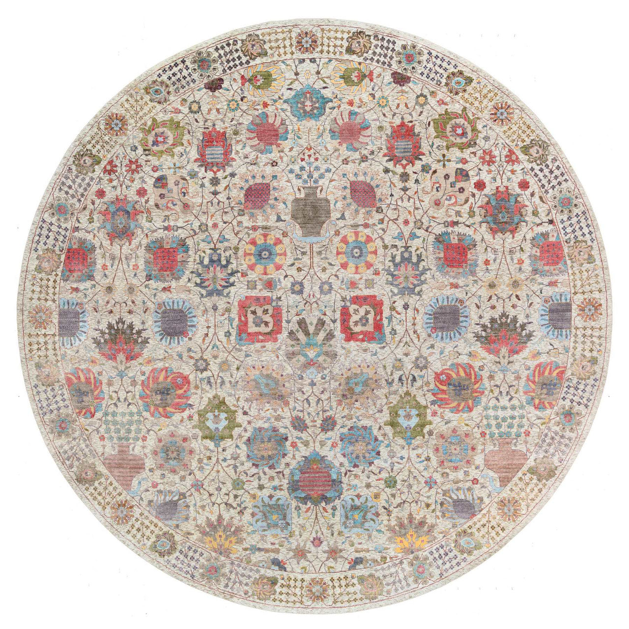 Ivory 14'0" x 14'0" Transitional Multicolored Hand knotted Wool/Silk Rug - Sku: O064912