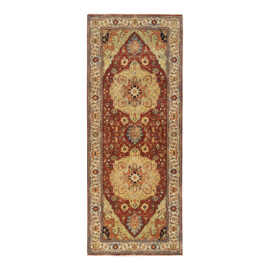 Heriz Wool Hand Knotted Rug Red Cream 4.1X10.3 -O064957