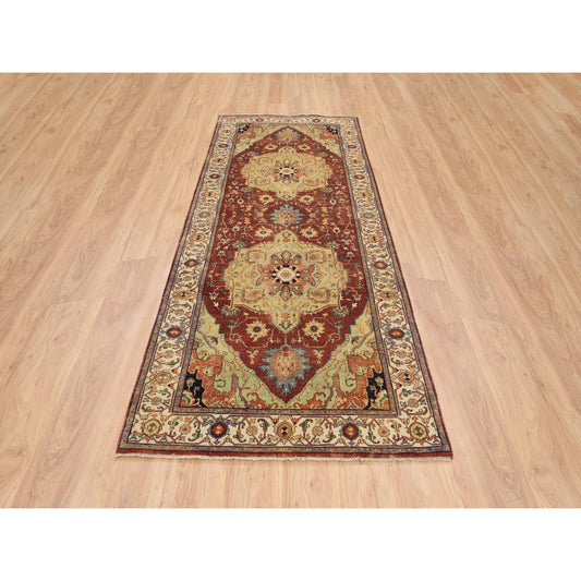Heriz Wool Hand Knotted Rug Red Cream 4.1X10.3 -O064957