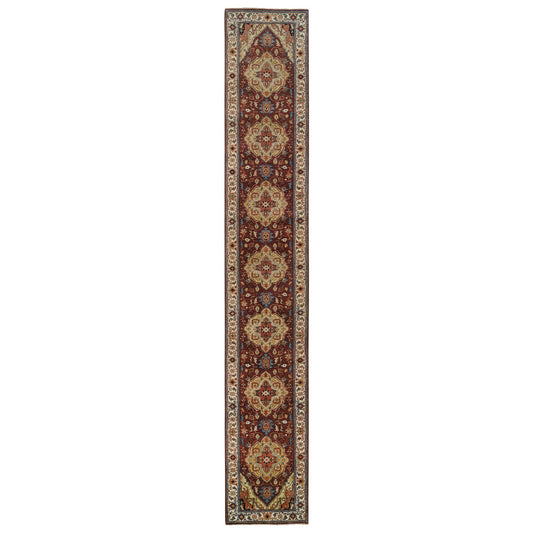 Heriz Wool Hand Knotted Rug Red Cream 2.7X16.0 -O064966