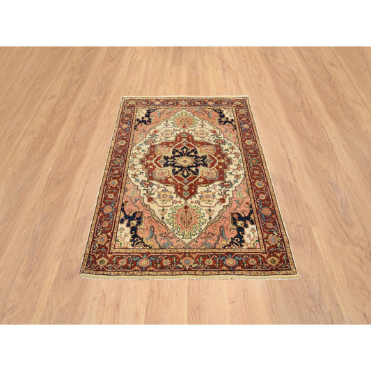 Heriz Wool Hand Knotted Rug Ivory Red 4.1X6.2 -O064972