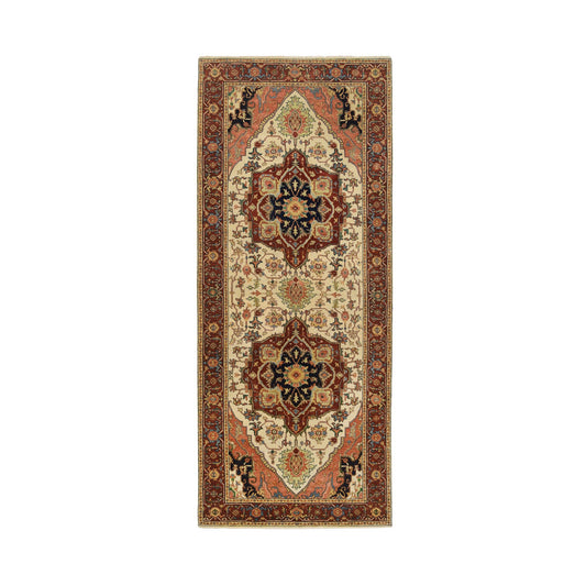 Heriz Wool Hand Knotted Rug Ivory Red 4.1X10.1 -O064975