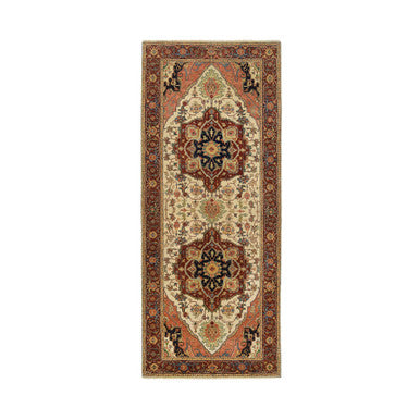 Heriz Wool Hand Knotted Rug Ivory Red 4.1X10.1 -O064975
