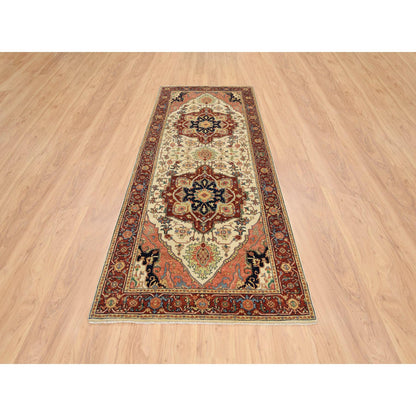Heriz Wool Hand Knotted Rug Ivory Red 4.1X10.1 -O064975