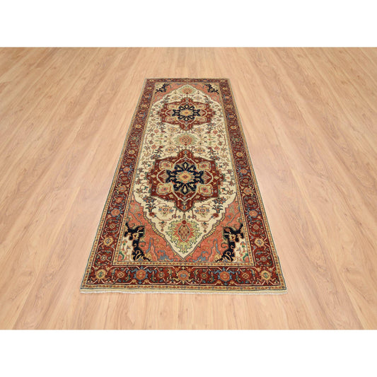 Heriz Wool Hand Knotted Rug Ivory Red 4.1X10.1 -O064975