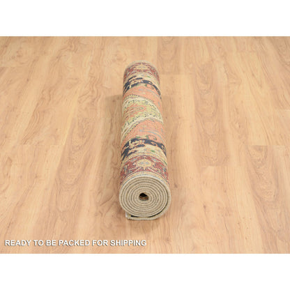 Heriz Wool Hand Knotted Rug Ivory Red 4.1X10.1 -O064975