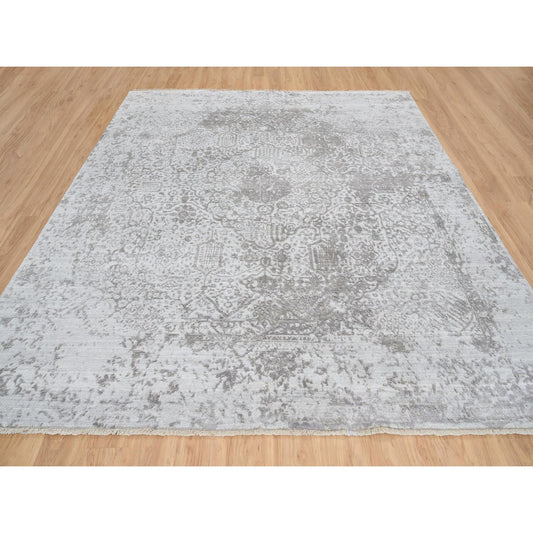 Transitional Wool & Silk Hand Knotted Rug Grey No Border 10.0X10.0 -O065016