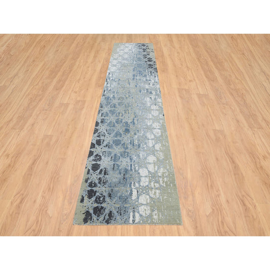 Modern and Contemporary Wool & Silk Hand Knotted Rug Grey No Border 2.7X12.0 -O065020