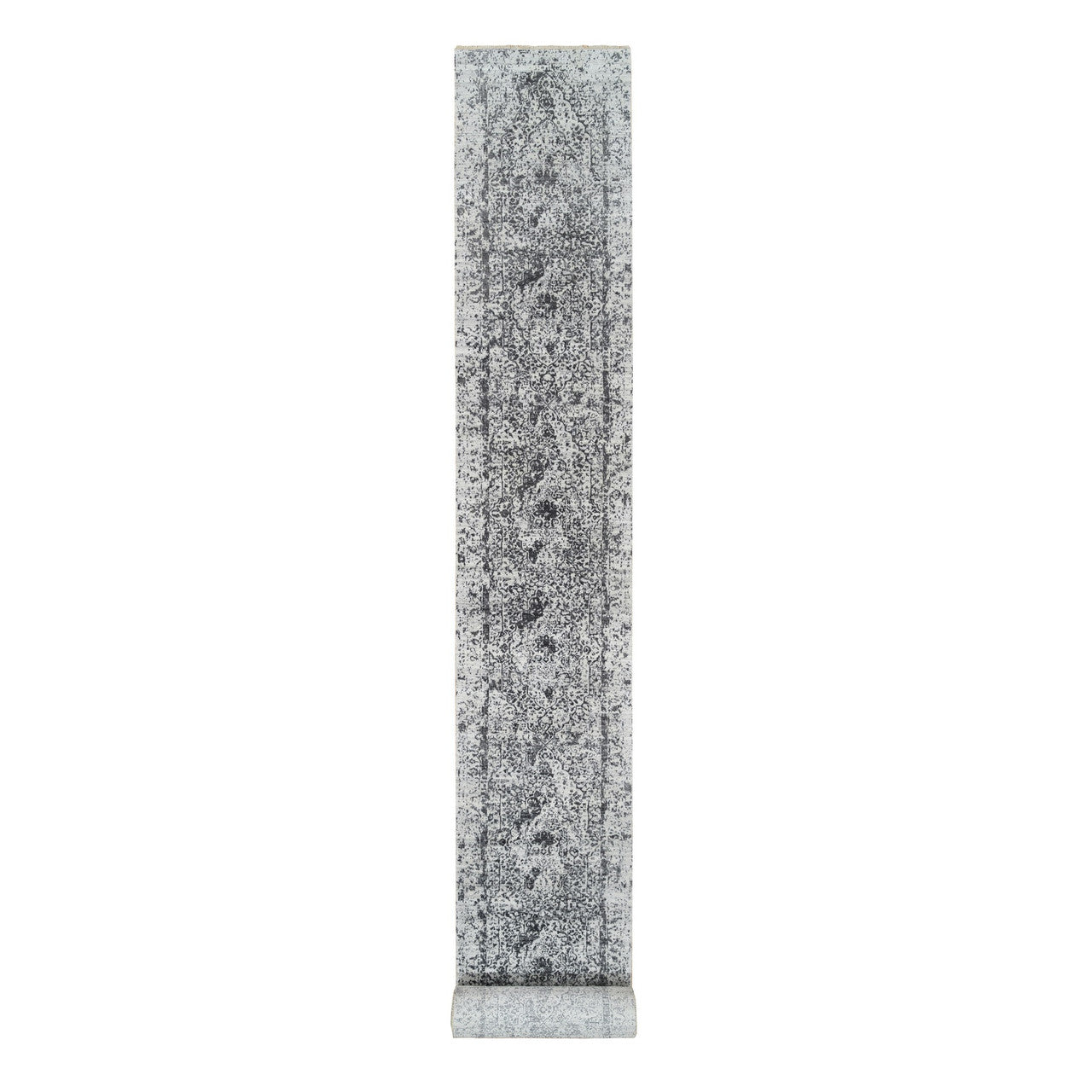 Gray 2'7" x 23'9" Transitional Hand knotted Wool/Silk Rug - Sku: O065023