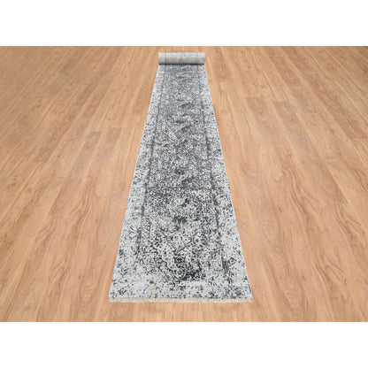 Transitional Wool & Silk Hand Knotted Rug Grey No Border 2.7X23.9 -O065023