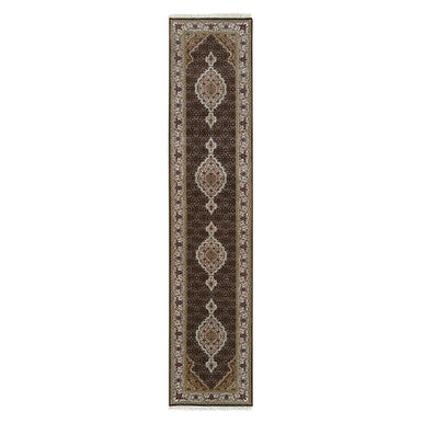 Fine Oriental Wool Hand Knotted Rug Black Ivory 2.8X12.4 -O065058