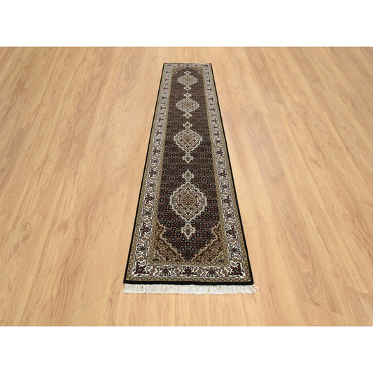 Fine Oriental Wool Hand Knotted Rug Black Ivory 2.8X12.4 -O065058