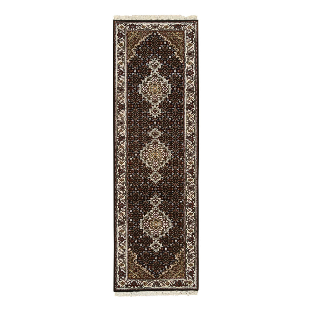 Fine Oriental Wool Hand Knotted Rug Black Ivory 2.0X8.1 -O065067