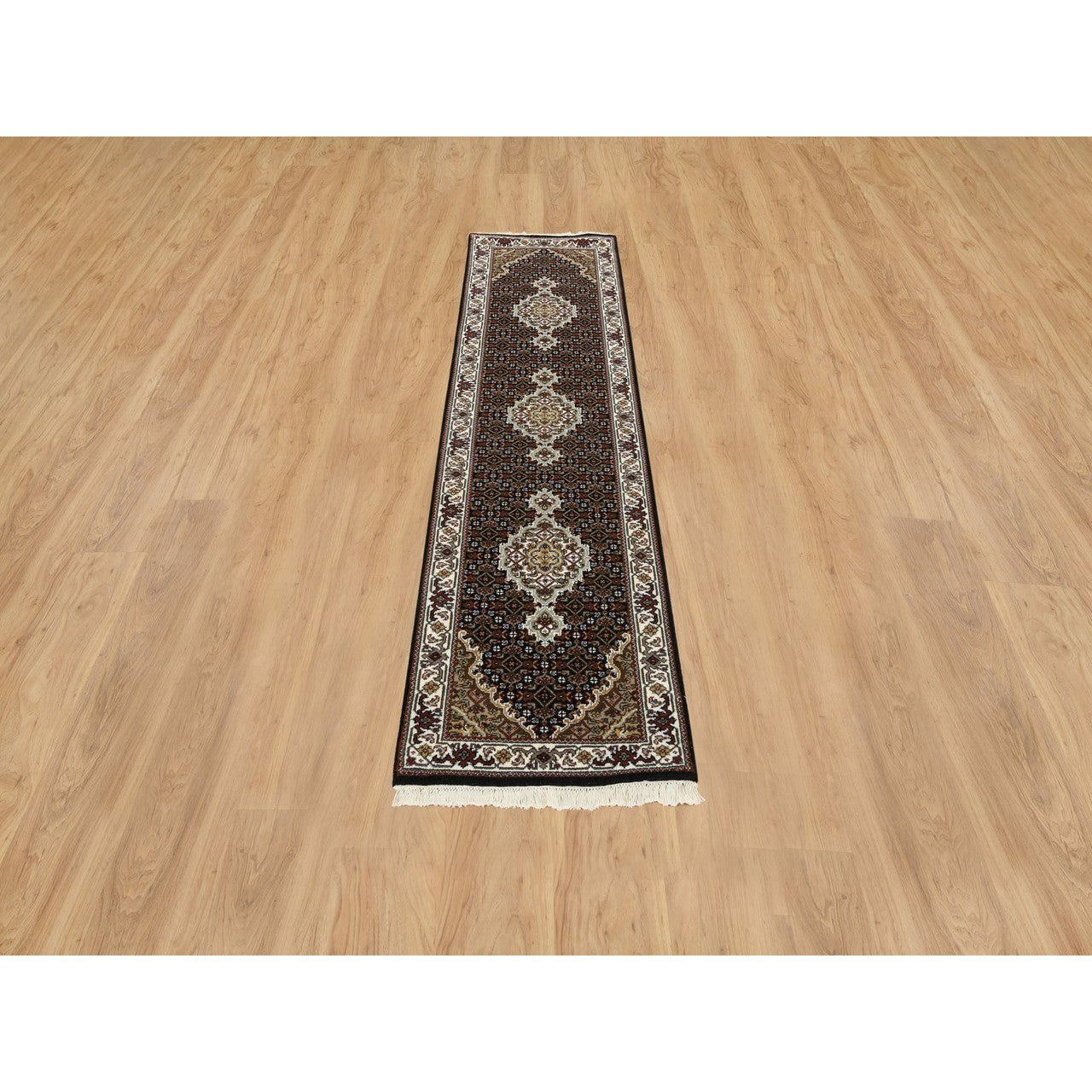 Fine Oriental Wool Hand Knotted Rug Black Ivory 2.0X8.1 -O065067