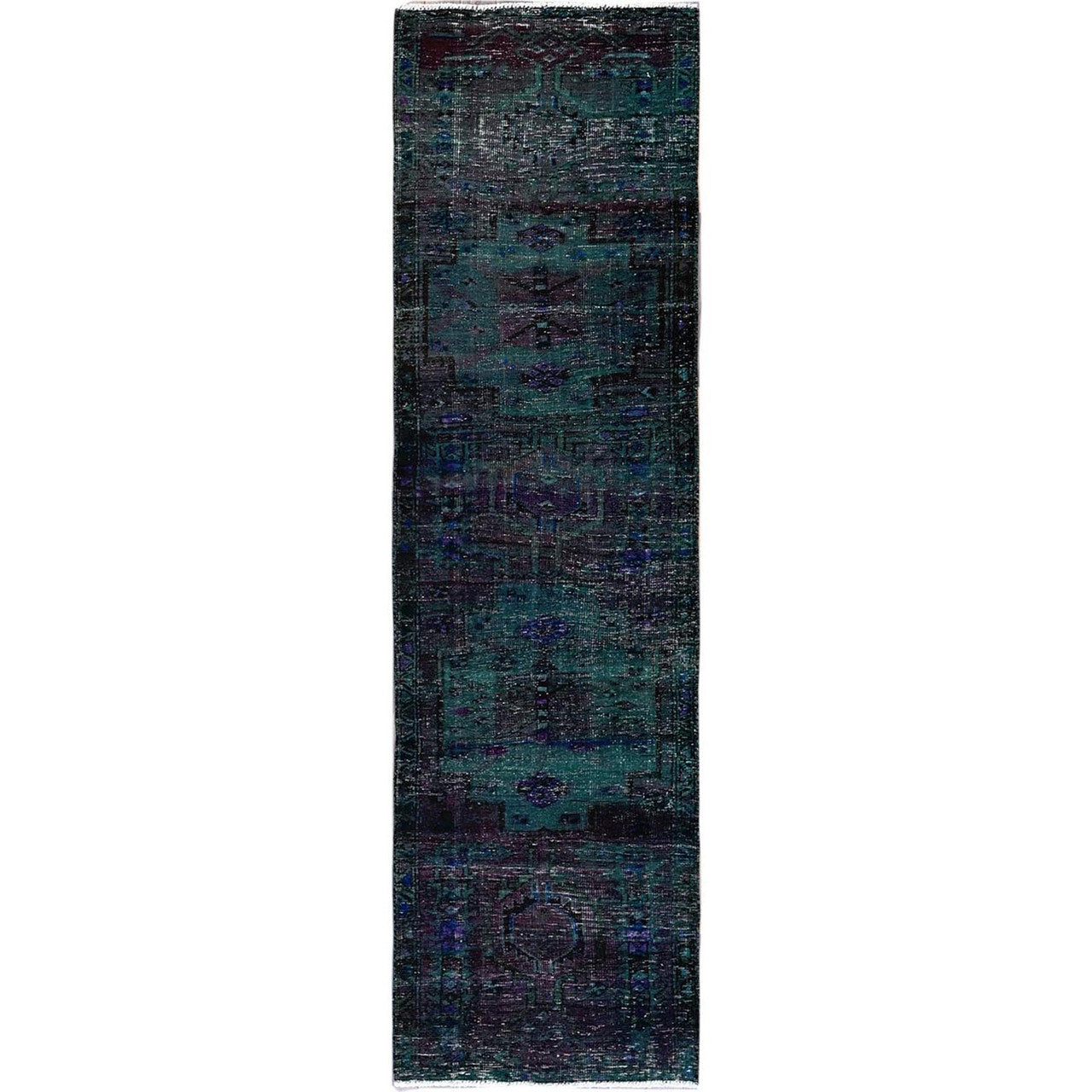 Overdyed & Vintage Wool Hand Knotted Rug Green 2.8x9.6 -O0650