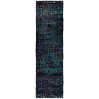 Overdyed & Vintage Wool Hand Knotted Rug Green 2.8x9.6 -O0650
