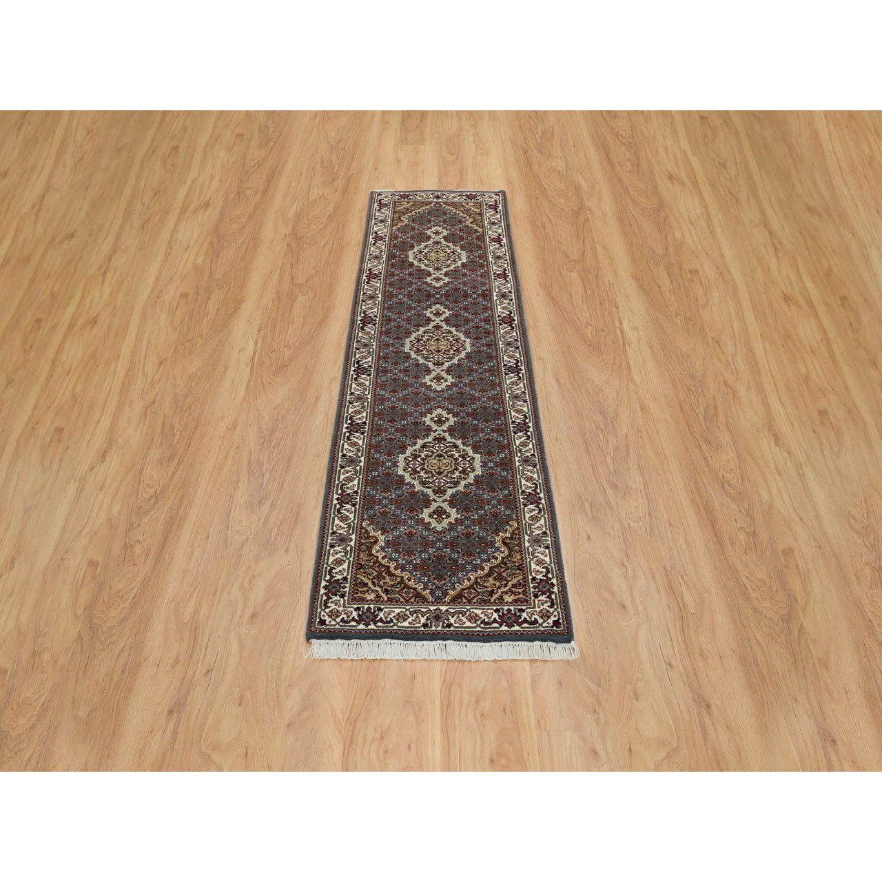 Fine Oriental Wool Hand Knotted Rug Grey Ivory 2.0X8.5 -O065105
