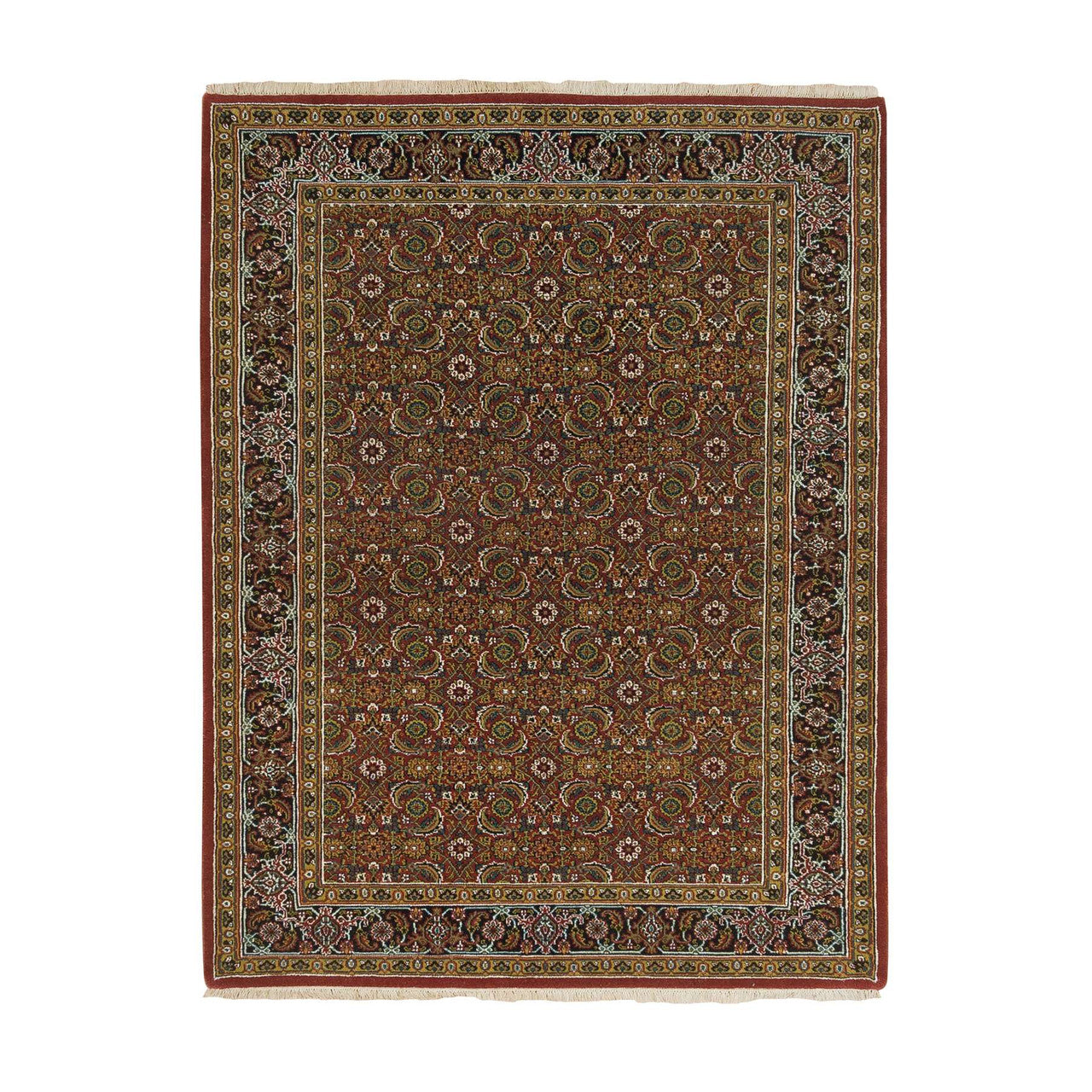 Fine Oriental Wool & Silk Hand Knotted Rug Red Midnight Blue 4.3X6.2 -O065118