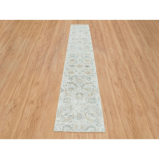 Transitional Wool & Silk Hand Knotted Rug Ivory No Border 2.6X14.2 -O065174