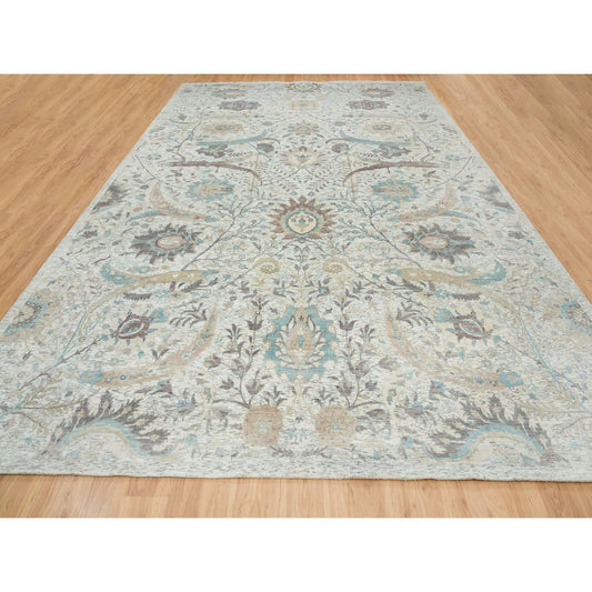 Transitional Wool & Silk Hand Knotted Rug Ivory No Border 12.1X18.0 -O065178