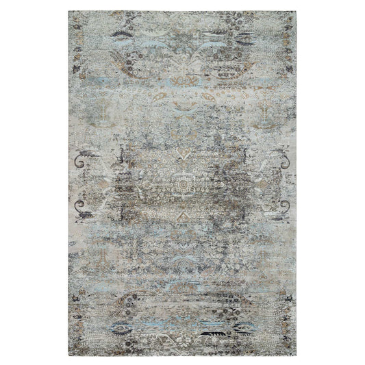 Transitional Wool & Silk Hand Knotted Rug Grey No Border 11.9X18.1 -O065179