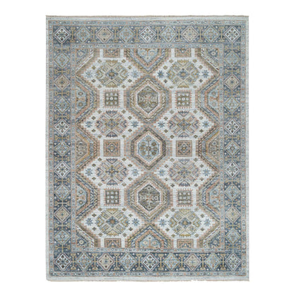 Tribal & Geometric Wool Hand Knotted Rug Ivory Blue 7.10X10.0 -O065185