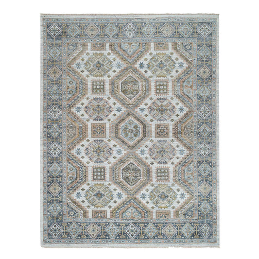 Tribal & Geometric Wool Hand Knotted Rug Ivory Blue 7.10X10.0 -O065185