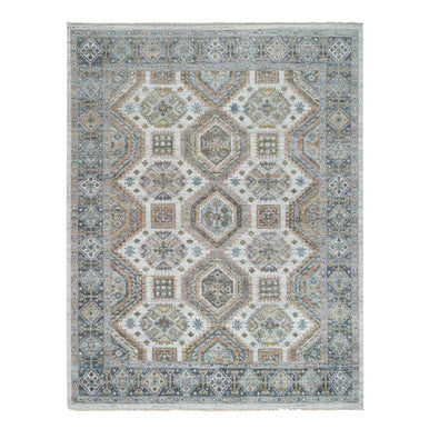 Tribal & Geometric Wool Hand Knotted Rug Ivory Blue 7.10X10.0 -O065185