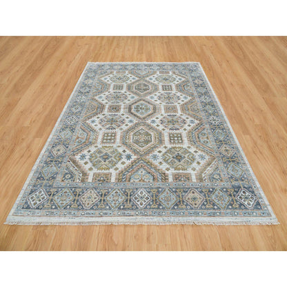 Tribal & Geometric Wool Hand Knotted Rug Ivory Blue 7.10X10.0 -O065185