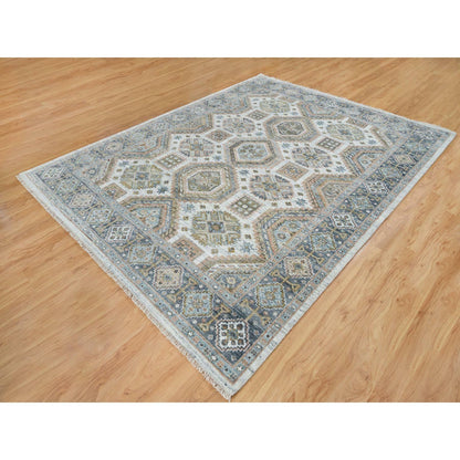 Tribal & Geometric Wool Hand Knotted Rug Ivory Blue 7.10X10.0 -O065185
