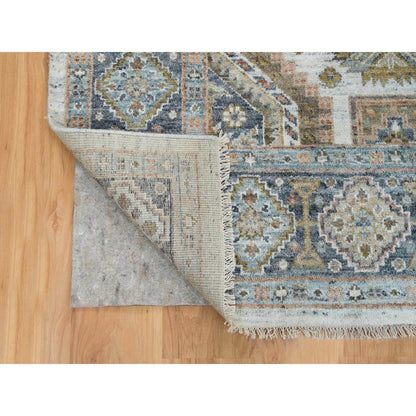 Tribal & Geometric Wool Hand Knotted Rug Ivory Blue 7.10X10.0 -O065185