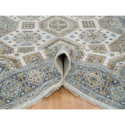 Tribal & Geometric Wool Hand Knotted Rug Ivory Blue 7.10X10.0 -O065185