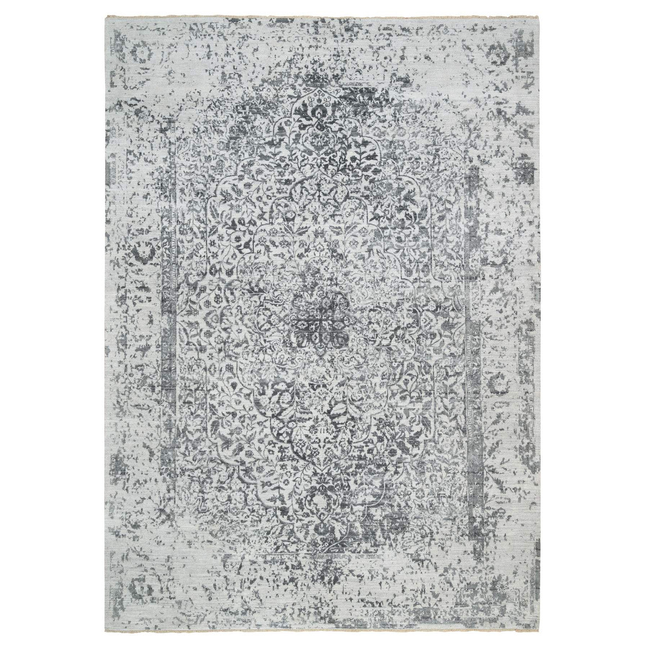 Transitional Wool & Silk Hand Knotted Rug Grey No Border 9.10X14.0 -O065206