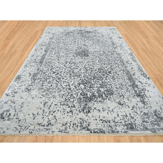 Transitional Wool & Silk Hand Knotted Rug Grey No Border 9.10X14.0 -O065206
