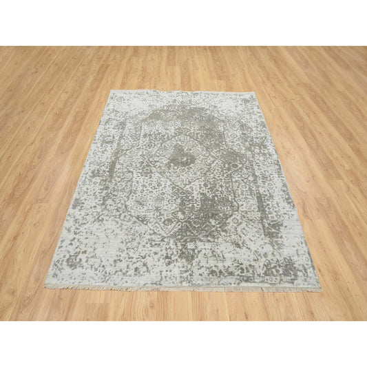 Transitional Wool & Silk Hand Knotted Rug Grey No Border 5.1X7.0 -O065209